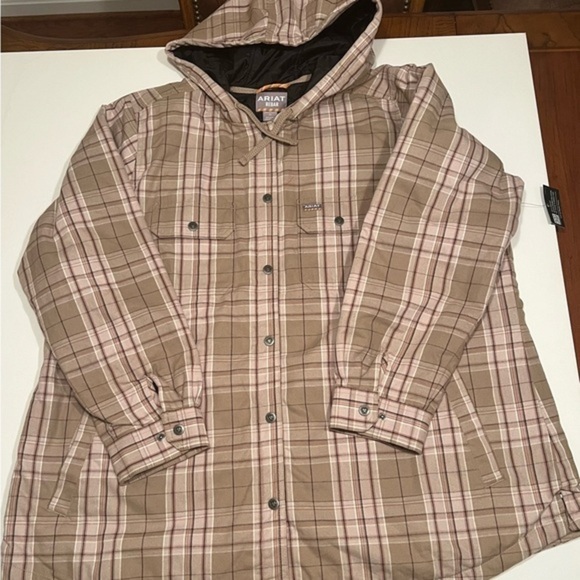 Ariat Jackets & Blazers - Ariat Rebar Women's Fossil Plaid Size 2XL Quilt Lined Shacket Hoodie MSRP $169